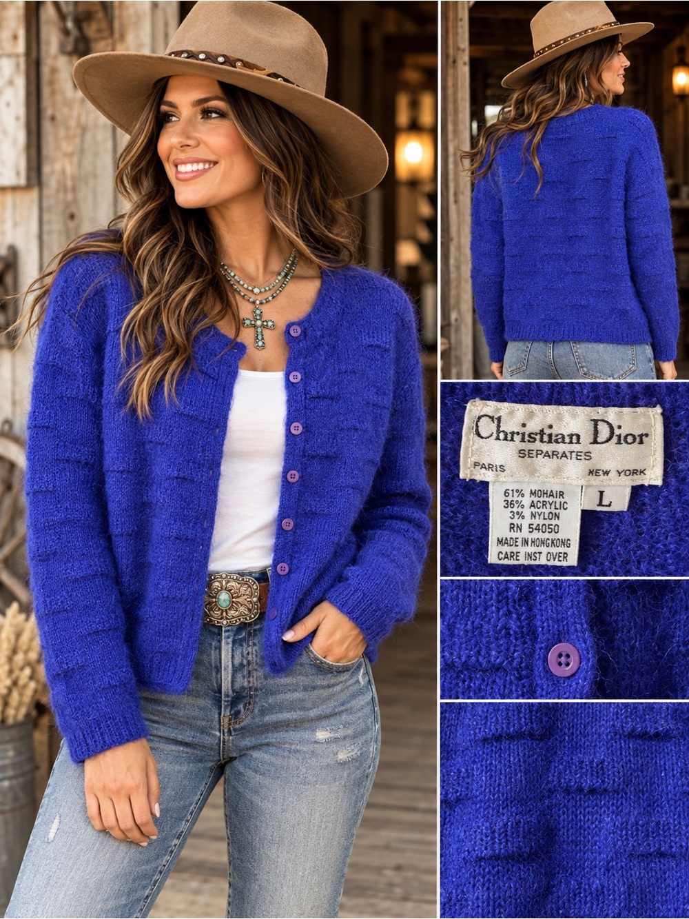 Vintage Christian Dior Separates Mohair Cardigan Sweater Cobalt Blue L